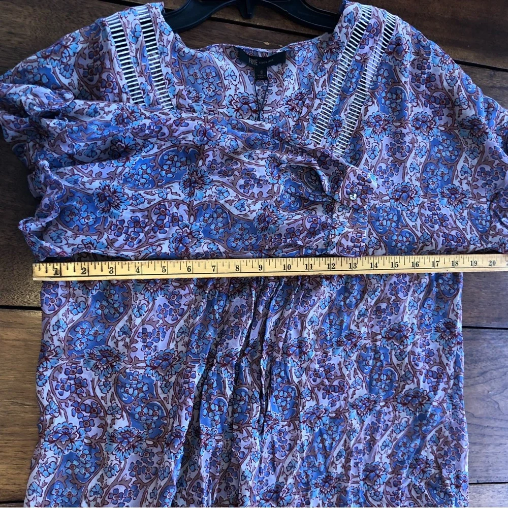 Frye purple floral long sleeve ruffle v neck blouse sheer boho tunic peasant - Picture 10 of 11